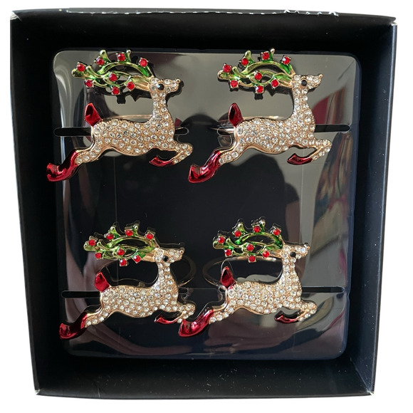 Nicole Miller Christmas Rhinestone Reindeer Napkin Rings Set of 4 Holiday Glam - Picture 7 of 9